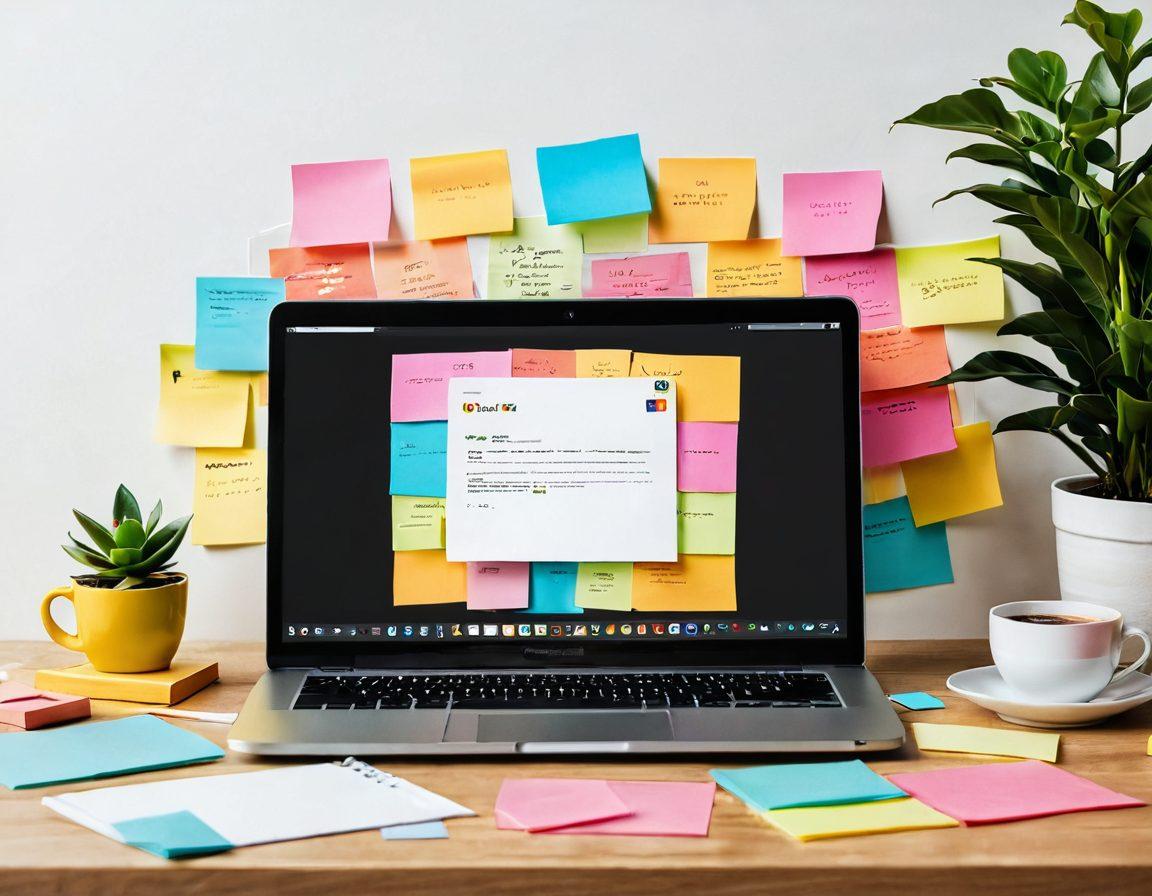 A visually engaging scene depicting a laptop displaying a beautifully designed website, surrounded by colorful sticky notes with tips for blogging and website creation. Include a coffee cup and a potted plant on the desk to create a cozy atmosphere. Add digital elements like social media icons floating around to represent online presence. Bright and modern aesthetic with vibrant colors. super-realistic. white background.
