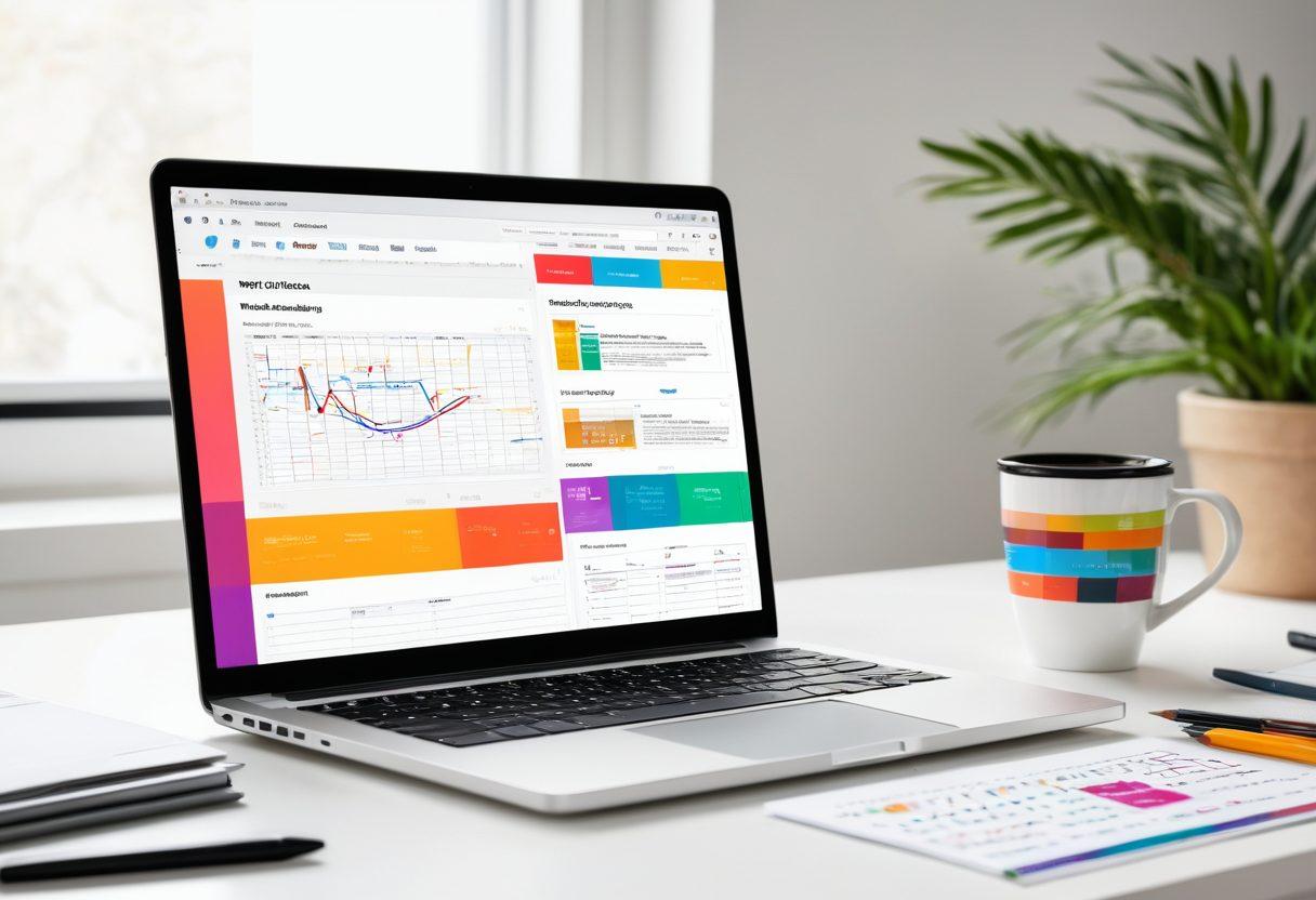 An open laptop displaying a colorful website layout with various web development tools like code snippets, design mockups, and SEO analytics. In the background, a creative workspace with brainstorming notes, coffee cup, and a digital tablet shows design ideas. Bright and engaging atmosphere emphasizing creativity and productivity. super-realistic. vibrant colors. white background.