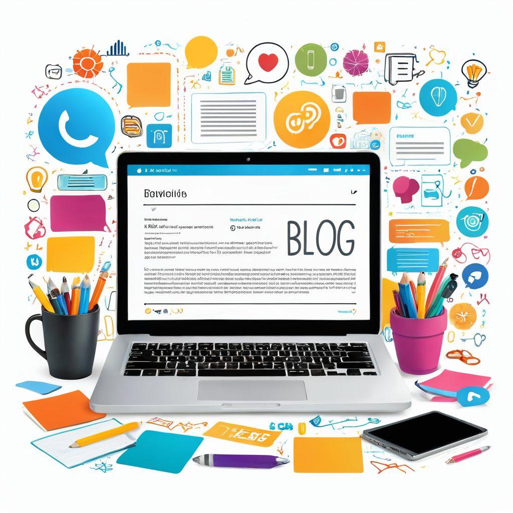 A vibrant digital workspace with a laptop displaying a blog on the screen, surrounded by colorfully illustrated tips and tools like a microphone, smartphone, and social media icons. Include an engaging person with a friendly smile brainstorming ideas, with bright and inviting colors that motivate creativity. super-realistic. vibrant colors. white background.